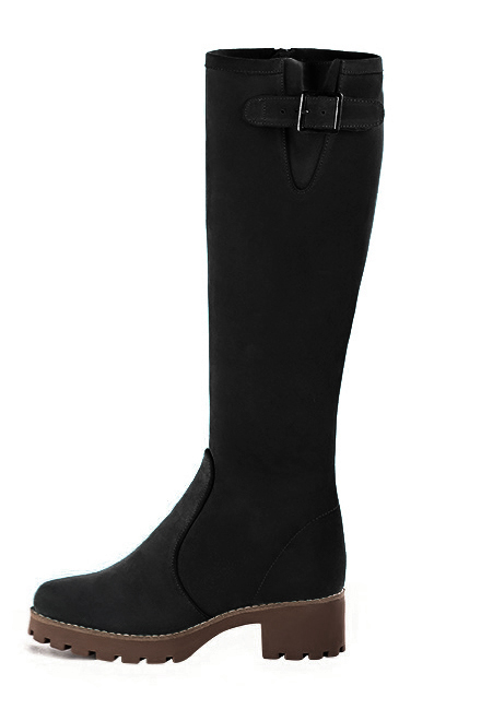 Matt black women's knee-high boots with buckles.. Made to measure. Profile view - Florence KOOIJMAN